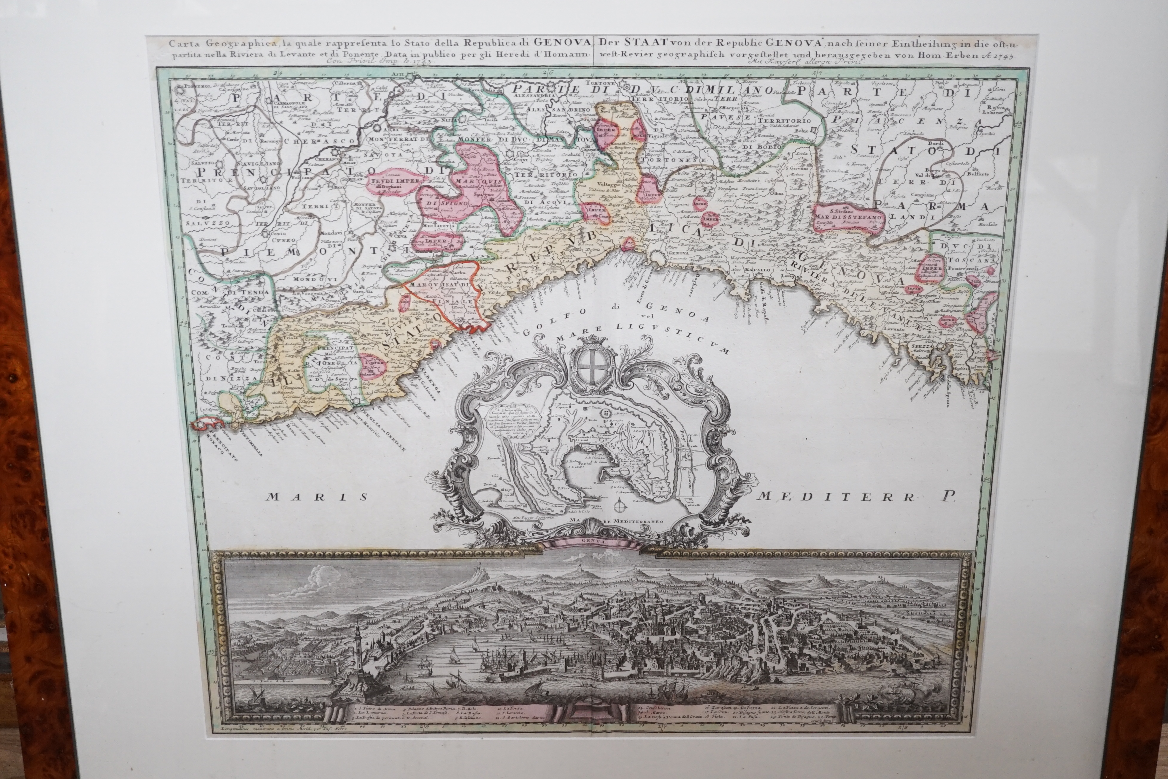 Johann Baptist Homann (German, 1664-1724), hand coloured engraved Map of Genova, dated 1743, 50 x 57cm. Condition - fair